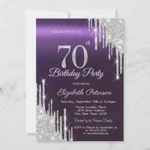 Silver Glitter Drips Dark Purple 70th Birthday   Invitation