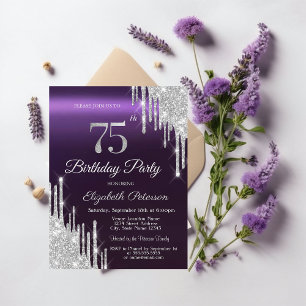 Silver Glitter Drips Dark Purple 75th Birthday   Invitation