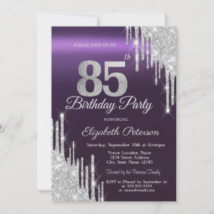 Silver Glitter Drips Dark Purple 85th Birthday   Invitation