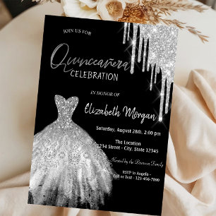 Silver Glitter Drips Dress Black Quinceañera Invitation
