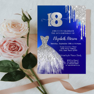 Silver Glitter Drips,Dress Blue 18th Birthday Invitation