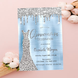 Silver Glitter Drips,Dress Blue Quinceañera Invitation