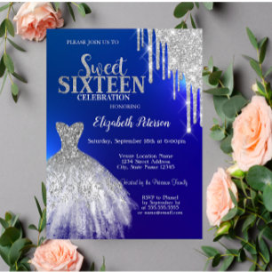 Silver Glitter Drips,Dress Blue Sweet 16 Invitation