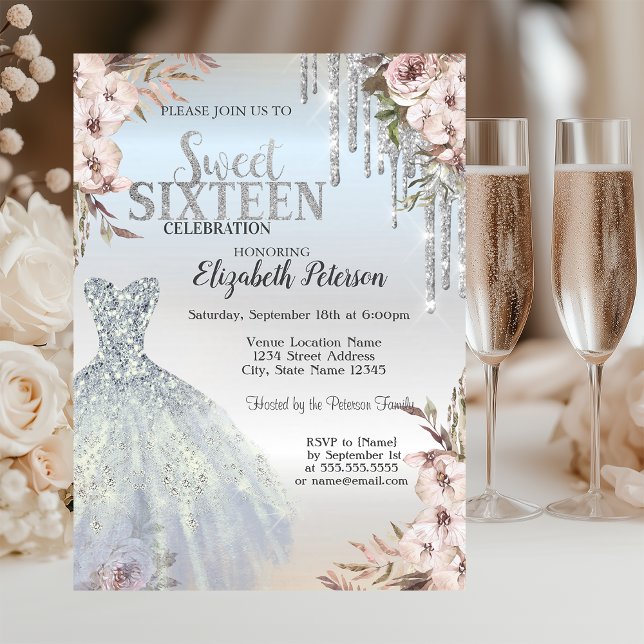 Silver Glitter Drips Dress Flowers Sweet 16 Invitation (Creator Uploaded)