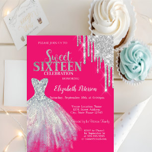 Silver Glitter Drips,Dress  Neon Pink Sweet 16 Invitation
