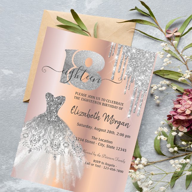 Silver Glitter Drips Dress Rose Gold 18th Birthday Invitation (Creator Uploaded)