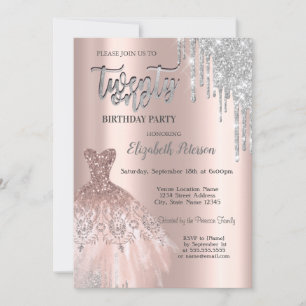 Silver Glitter Drips,Dress Rose Gold 21st Birthday Invitation