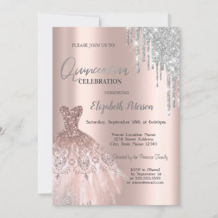 Silver Glitter Drips,Dress Rose Gold Quinceañera Invitation