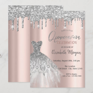 Silver Glitter Drips,Dress Rose Gold Quinceañera Invitation
