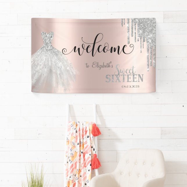 Silver Glitter Drips, Dress Rose Gold Sweet 16   Banner (Insitu)