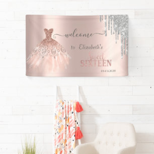  Silver Glitter Drips,Dress Rose Gold Sweet 16    Banner