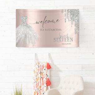 Silver Glitter Drips,Dress Rose Gold Sweet 16   Banner