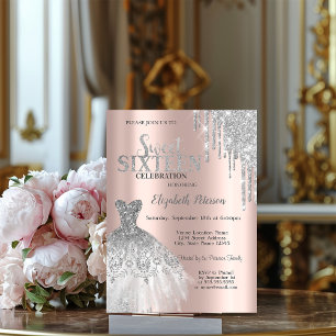 Silver Glitter Drips,Dress Rose Gold Sweet 16 Invitation