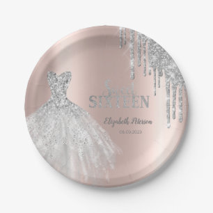 Silver Glitter Drips, Dress Rose Gold Sweet 16  Paper Plate