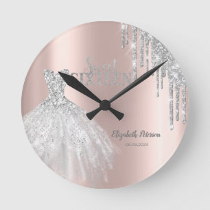 Silver Glitter Drips, Dress Rose Gold Sweet 16   Round Clock