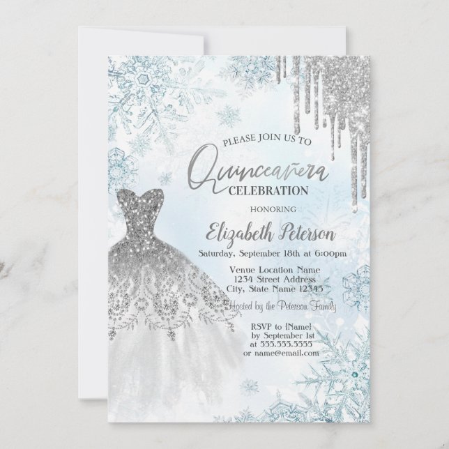 Silver Glitter Drips,Dress Snowflakes  Invitation (Front)