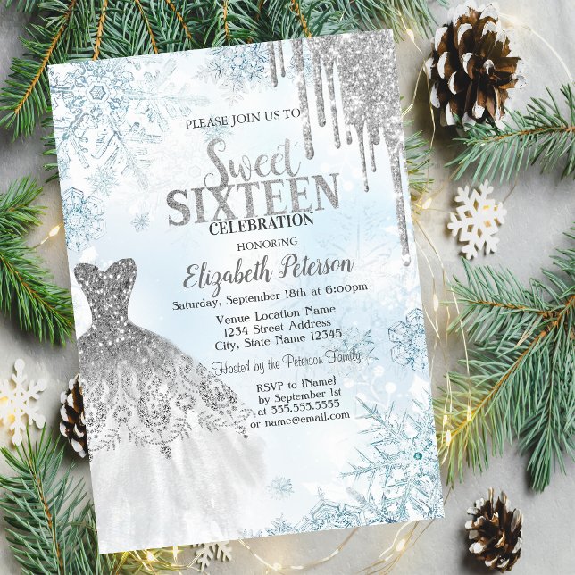 Silver Glitter Drips,Dress Snowflakes Sweet 16 Invitation (Creator Uploaded)