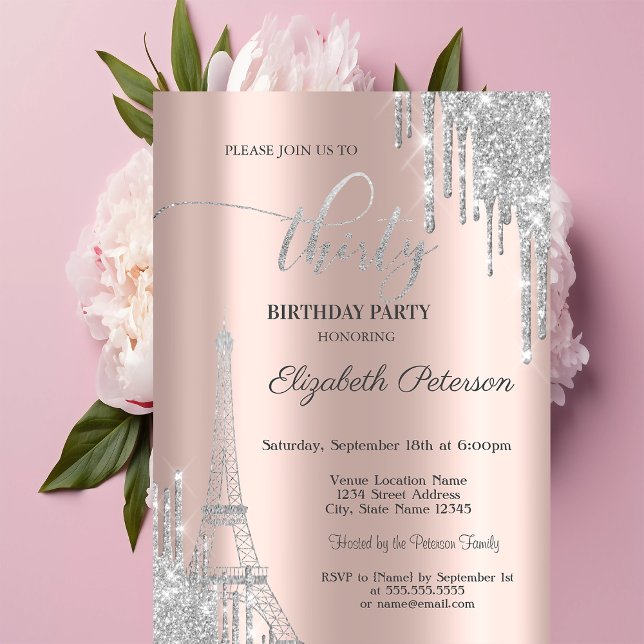 Silver Glitter Drips, Eiffel Tower 30th Birthday  Invitation (Creator Uploaded)