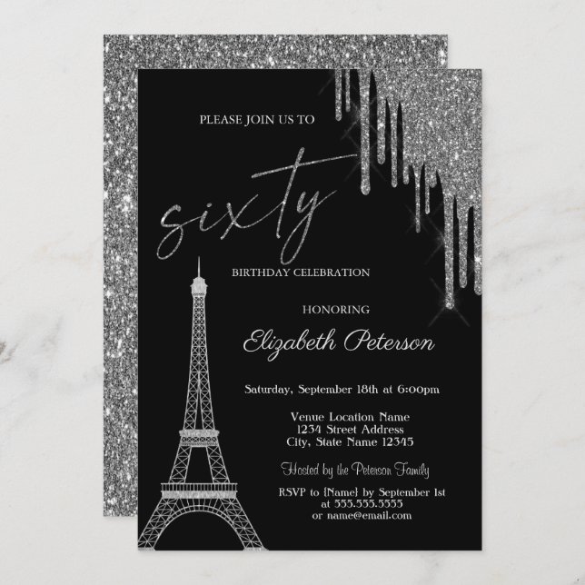Silver Glitter Drips, Eiffel Tower 60t Birthday  Invitation (Front/Back)