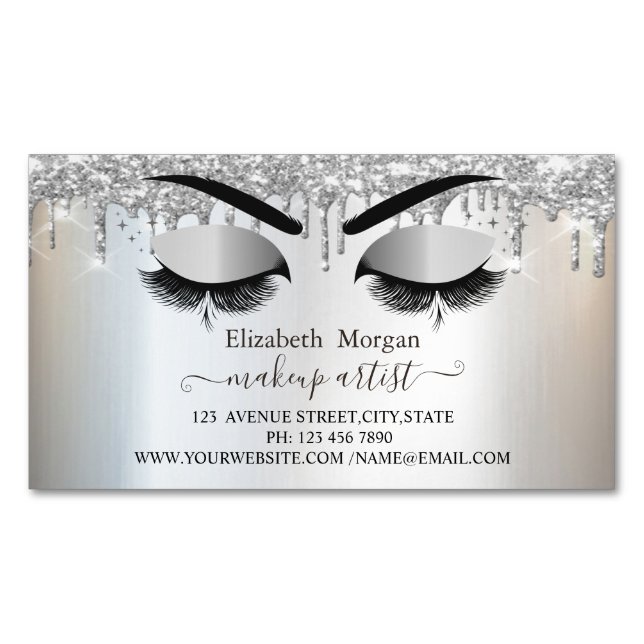 Silver Glitter Drips Faux Lashes,Makeup Artist  Magnetic Business Card (Front)