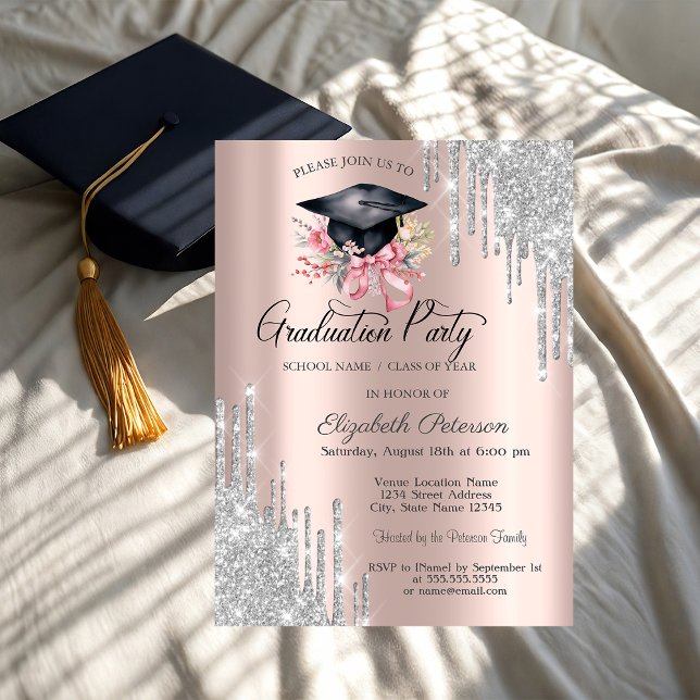Silver Glitter Drips Floral Grad Cap Rose Gold Invitation (Creator Uploaded)