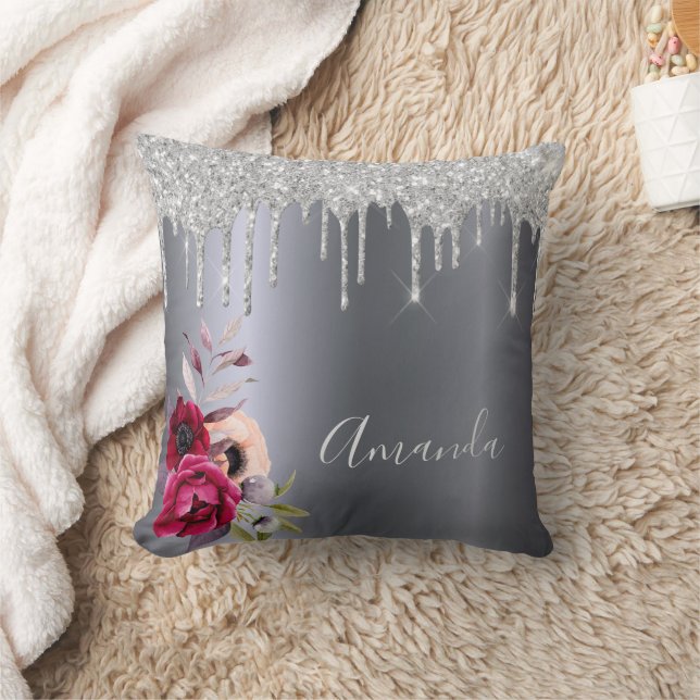 Silver glitter drips floral name cushion (Blanket)