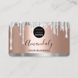 Silver Glitter Drips Frame Qr Code Logo Rose Gold Business Card