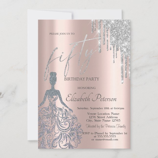  Silver Glitter Drips,Girl Dress 50th Birthday  Invitation (Front)