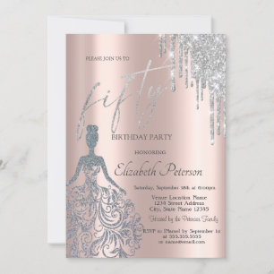 Silver Glitter Drips,Girl Dress 50th Birthday  Invitation