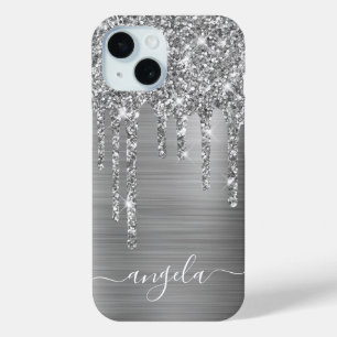 Silver Glitter Drips Girly Glam Signature iPhone 15 Case