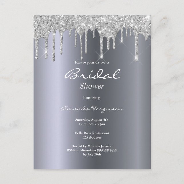 Silver glitter drips glam bridal shower invitation postcard (Front)