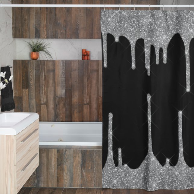 Silver Glitter Drips Glam Sparkle Customise Shower Curtain (Creator Uploaded)