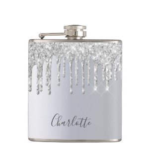 Silver glitter drips glittery monogram glam hip flask