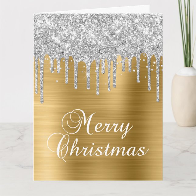 Silver Glitter Drips Gold Metallic Merry Christmas Card (Front)