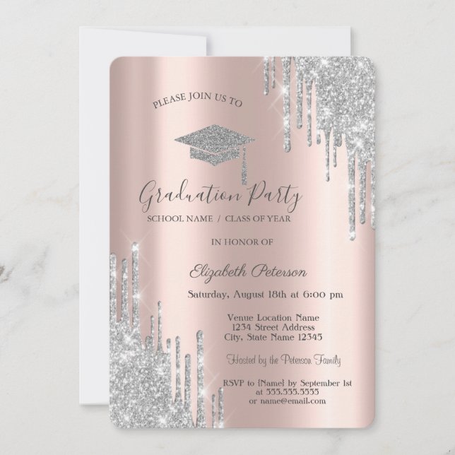 Silver Glitter Drips,Grad Cap Graduation Invitation (Front)