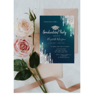 Silver Glitter Drips Grad Cap Green Graduation  Invitation