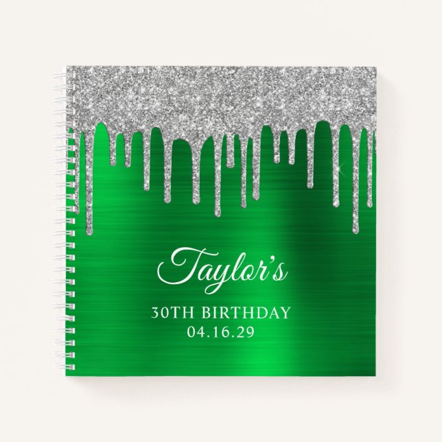 Silver Glitter Drips Green 30th Birthday Notebook (Front)