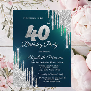 Silver Glitter Drips Green 40th Birthday Invitation