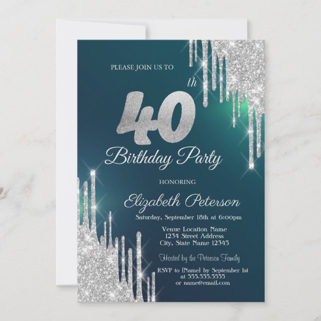 Silver Glitter Drips Green 40th Birthday Invitation (Front)