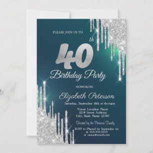 Silver Glitter Drips Green 40th Birthday Invitation