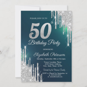 Silver Glitter Drips Green 50th Birthday Invitation