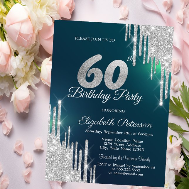 Silver Glitter Drips Green 60th Birthday Invitation (Creator Uploaded)