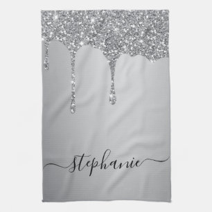 Silver Glitter Drips Hand Lettered Custom Name Tea Towel