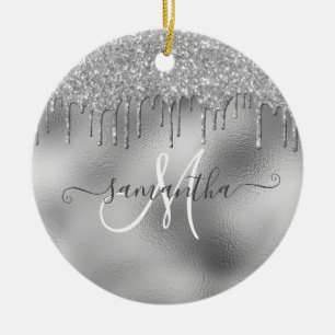 SIlver Glitter Drips Hand Written Script name Ceramic Ornament