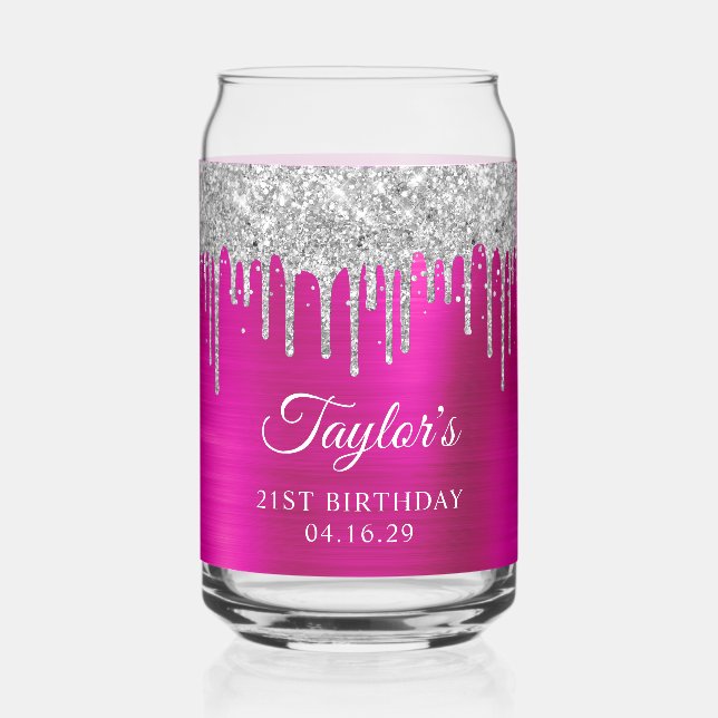 Silver Glitter Drips Hot Pink 21st Birthday Can Glass (Front)