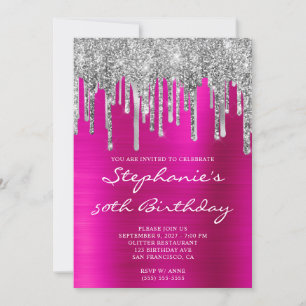 Silver Glitter Drips Hot Pink 50th Birthday Invitation