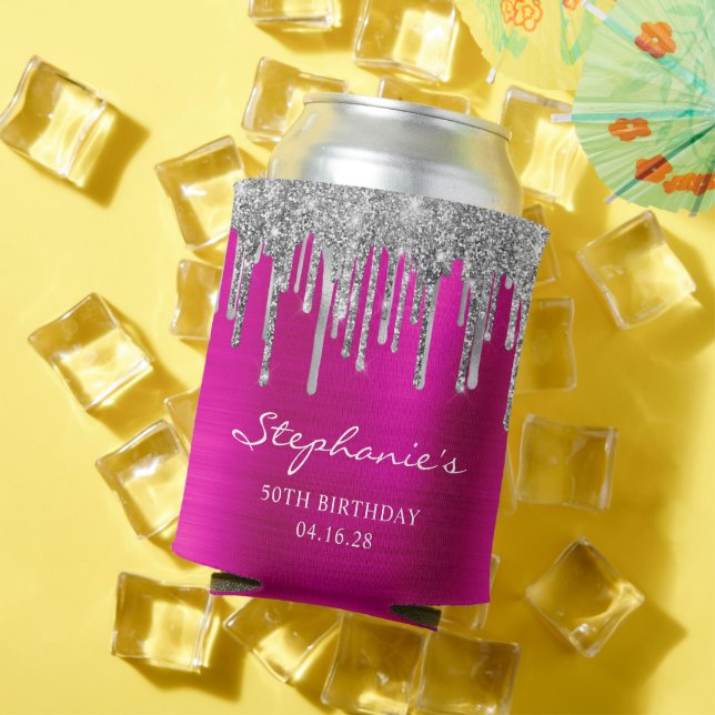 Silver Glitter Drips Hot Pink Foil 50th Birthday Can Cooler (In Situ Summer)