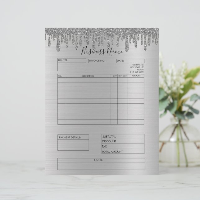 Silver Glitter Drips Invoice Small Business  Custom Letterhead (Standing Front)