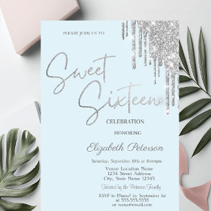 Silver Glitter Drips Light Blue Simple Sweet 16 Invitation