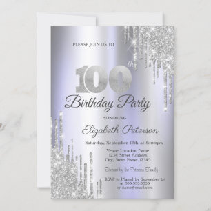 Silver Glitter Drips Light Purple 100th Birthday Invitation